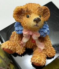 Teddy Bear Bow Stone Resin Figurine Bright Colors Blue Collar Brown Vintage CUTE picture
