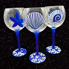 Vintage Shell Sea Life Goblet Set Glass Hand Painted Drinking Glasses 8.5”T 3”W picture