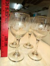 Libbey Arby's Christmas White Frosted Pine Tree Wine Glasses Gold Rim Set of 4 picture
