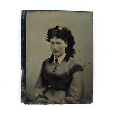 Curly Hair Flower Girl Tintype c1870 Antique 1/16 Plate Woman Lady Photo A3738 picture