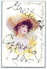 Osceola Nebraska NE Postcard Greetings Pretty Woman Glitter 1907 Posted Antique picture