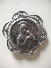 Vintage Virgin Mary Baby Jesus Embossed Silver Toned Metal Plaque With Stand picture