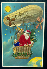 Rare~SILK~SANTA CLAUS in HOT AIR BALLOON~ Zeppelin~Dolls~Christmas Postcard~k133 picture