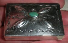 ANTIQUE LARGE NAVAJO TURQUOISE STERLING SILVER PILL BOX REPOUSSE STAMPWORK vafo picture