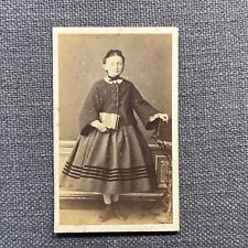 CDV Photo Antique Carte De Visite Girl in Hoop Skirt Dress Holding Book France picture