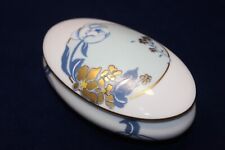 Beautiful Limoges Castel Porcelain Oval Trinket Box, Blue & Gold Flowers, 4-3/8