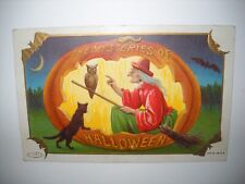 HALLOWEEN CAT WATCHES WITCH AND OWL antique 1910 used embossed postcard CHROMO picture
