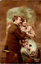 RPPC Hand Tint Older Courting Couple Suit Wavy Studio Pose P.U. (N56) picture