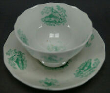 British Soft Paste Porcelain Green Birds & Butterflies Tea Bowl & Saucer 1830 B picture