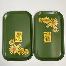 Vintage Green Metal Serving Trays Yellow Daisies 70’s MOD Tray deadstock picture