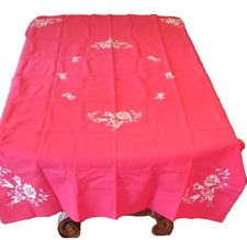 Vintage Large Red Floral Embroidered Tablecloth & 11 Napkins 89