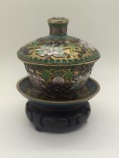 Chinese cloisonné tea set.tea bowl, tea boat, lid.with wooden base picture