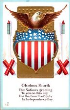 Antique Patriotic Postcard Glorious Fourth July Eagle Fireworks Flag Poem Gilt picture