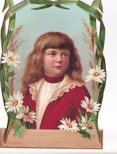 Gorgeous Md/Lrg 1800's Victorian Die Cut Card -Girl in Red Daisies Grass Border picture