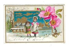 c1880's Trade Card, Embossed, 2 Children Walking in the Snow, Pink Flowers picture