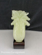 Vintage Bok Choy Cabbage Carved Jade Sculpture Figurine on Wood Stand picture