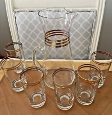 Vintage Gold Rimmed Drinking Glasses w/ Large Matching Pitcher (7 Piece Set) picture
