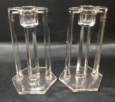 PAIR OF VINTAGE ART DECO DOUBLE HANDLE CRYSTAL PILLAR CANDLESTICKS CANDLE HOLDER picture