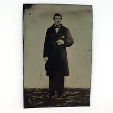 Named Man Holding Hat Tintype c1863 Antique 1/6 Plate Bowtie Teenager Photo H903 picture