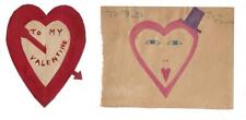 2 Handmade HEART Valentines~Arrow Thru Slit & other with Purple Top Hat~c1940's picture
