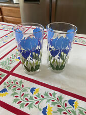 Vintage 50's Iris Flowers Purple Blue Drinking Glasses Pair picture
