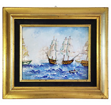 Vintage Painting AMERICAN Framed MARINE Navy ENAMEL on COPPER Clipper SHIPS Boat picture