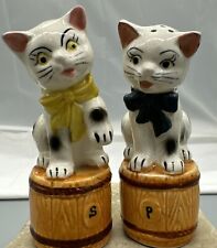 Vintage Kitty Cats On Barrel Salt & Pepper Shakers Anthropomorphic Kitschy Japan picture