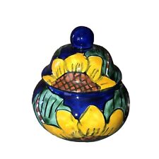 Vintage Sunflower & Cobalt Blue Mexico Red Clay Pottery Canister Lidded Dish ￼ picture