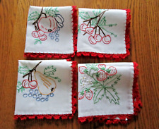FOUR EMBROIDERED FRUIT THEMED NAPKINS WITH RED CROCHETED EDGE-13.5 X 14-New picture