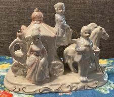 Vintage Ceramic Figurine Victorian Couple Carriage Horses Light Blue Pink White picture