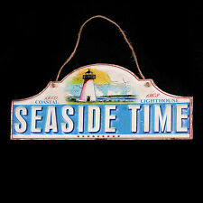 Metal Seaside Time Sign Lighthouse Nautical Decor Rustic Jute Hang New 16x8 in.  picture