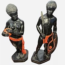 Vintage Nude African Woman & Warrior with Spear MARWAL chalkware Sculpture 19.5