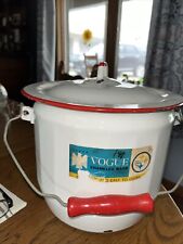 Vintage White With Red Trim Enamelware Pot Bucket With Wooden Bail Handle & Lid picture