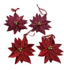 Set of 4 Vintage Metal Tin Christmas Poinsettia Ornaments Pink and Red 5.5