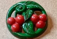 Outstanding 3D HP Pierced Plastic CHERRIES & LEAVES Domed Button  1 1/8” Cherry picture