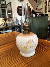 Antique Miniature Oil Lamp Paneled Cosmos Embossed Milk Glass With Globe- Nice picture