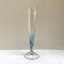 Alex Kalish Champagne Flute Glass Hand Blown Art Blue Swirl Signed 9.5