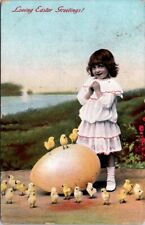 Easter Girl Giant Egg Chicks Standing on Egg 1909 postcard FP2 picture