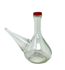 Spanish Hand Blown Clear Glass Porron Wine Pitcher Decanter w/Red Screw Top Lid picture