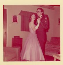 Vintage Photo  High School Prom Tulle Dress Gloves Boy Glasses picture