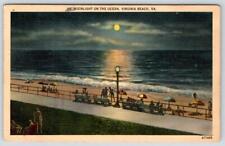 1945 MOONLIGHT ON THE OCEAN VIRGINIA BEACH VA VINTAGE LINEN POSTCARD picture