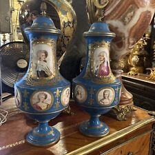PAIR OF  FRENCH  ROYAL SEVRES HAND PAINTED  GOLD ,PORC. URNS, LXV PORTRAITS 19C. picture
