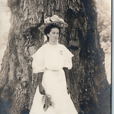 ID'd c1910s Cute Young Lady RPPC Victorian Girl Tree PC Moore Barritt Voker A217 picture