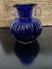 Vintage Cobalt blue with clear glass handles 41/2” vase GORGEOUS DESIGNS picture