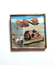 Unique Pinback VTG Button Surrealist Art Mixed Media Post Card Hand Made Signed picture