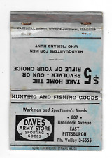 Vintage Dave's Army Store Matchbook cover Braddock Ave. East Pittsburgh PA 40 St picture