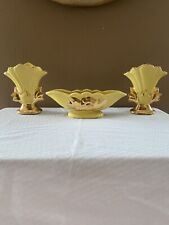 Mid Century Gull Art Magnolia Design Console Bowl With (2) Trumpet Fan Vases 22k picture