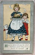 Rare Vintage Card Christmas Children Young Girl Dog Platter of Food 1919 Gibson  picture