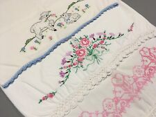 VTG Embroidered Flower Floral Lamb Crochet Pillowcases Granny Core Lot of 3 READ picture
