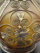 AMAZING Brown Satin Glass Vase Wrapped in Filigree Metal, 12.5